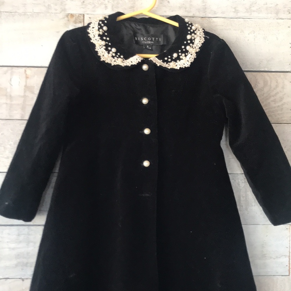 Adorable dressy velvet Black Coat with pearl and lace embellished collar